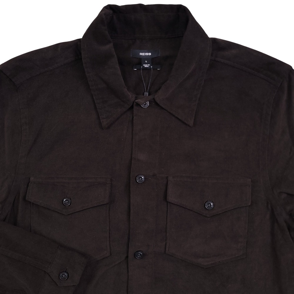 Reiss Shirt Mens L Brown Corduroy Kai Cotton Twin Pocket Overshirt Button Up NWT